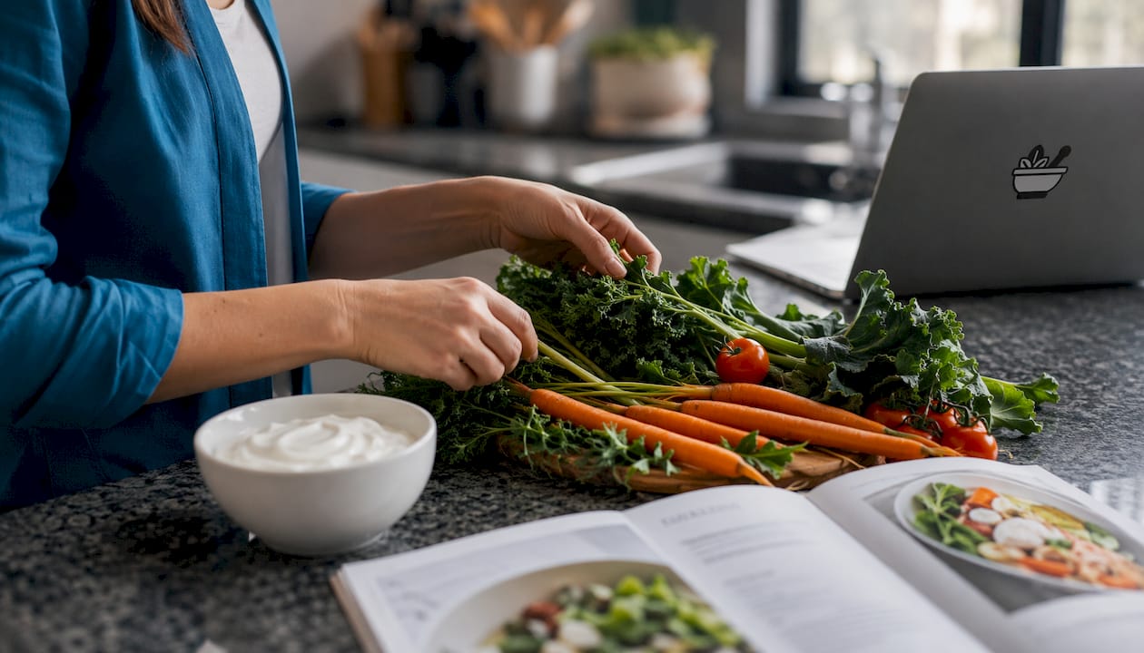 Hands arranging fresh vegetables for gut health