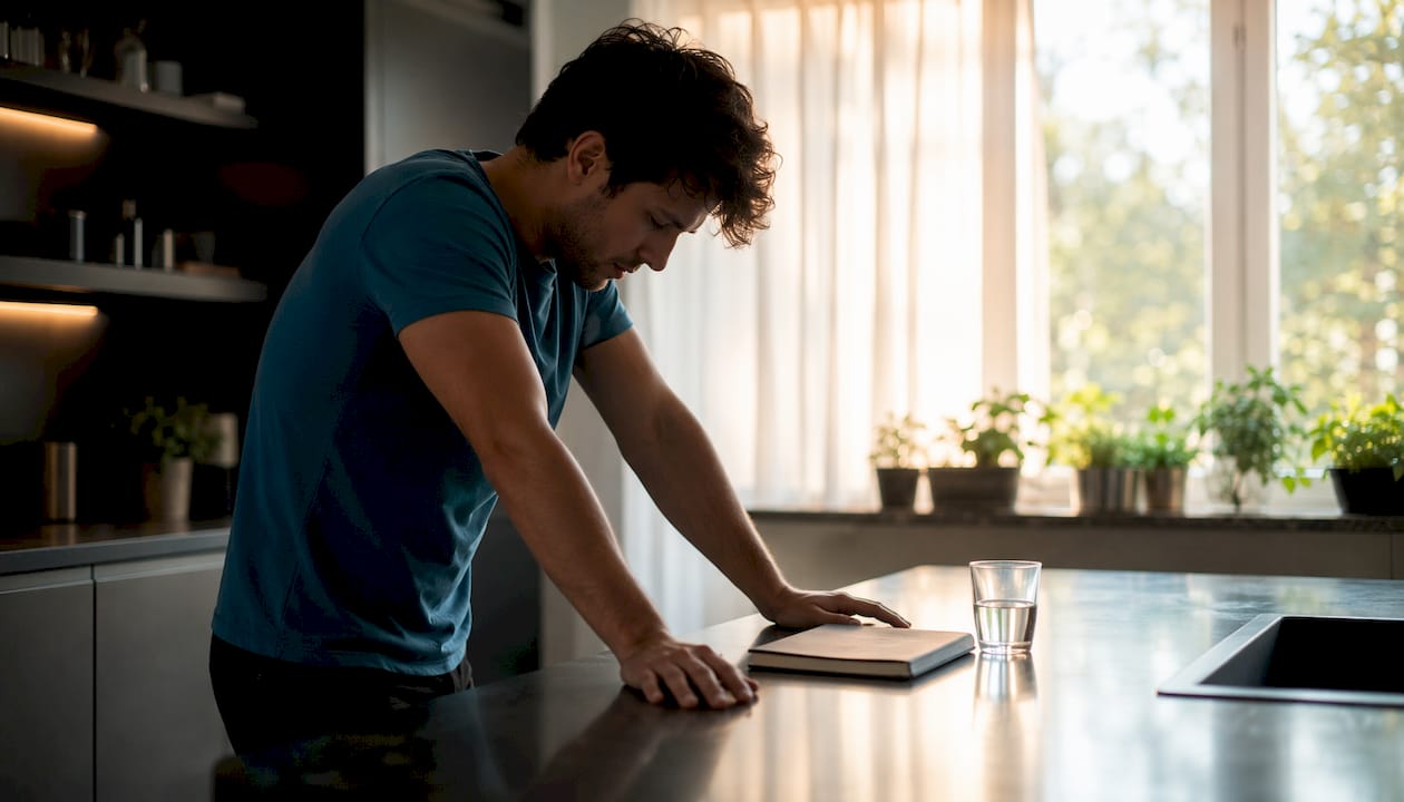 Stressed young man sitting at home desk