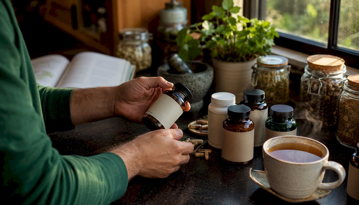 Hands arranging probiotic supplements on desk