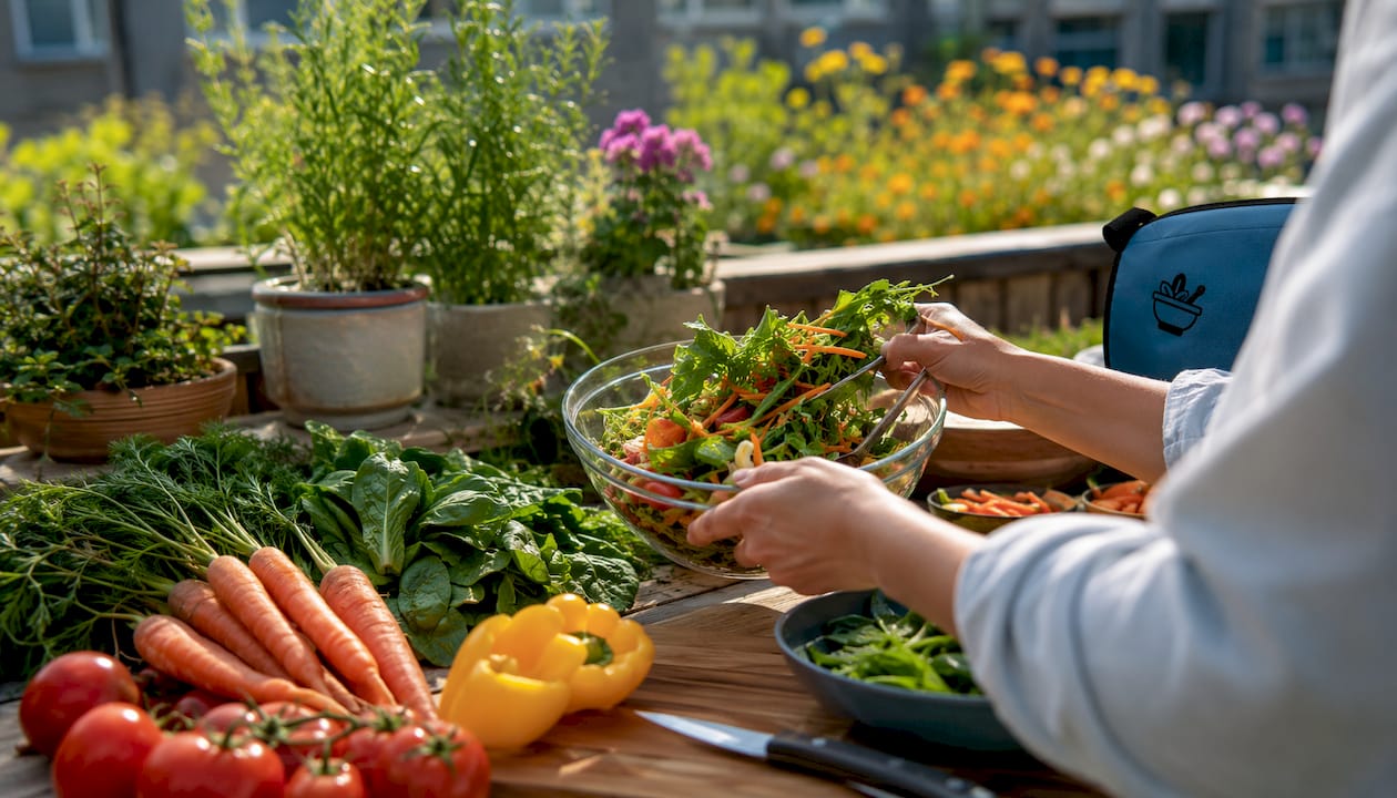 Close-up of hands preparing vibrant carotenoid vegetable salad