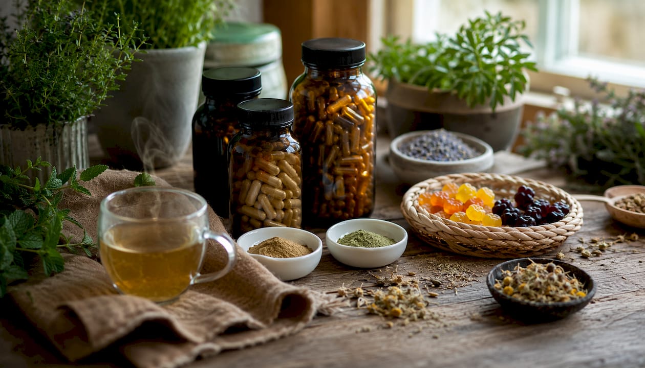 Various natural supplements on rustic wood