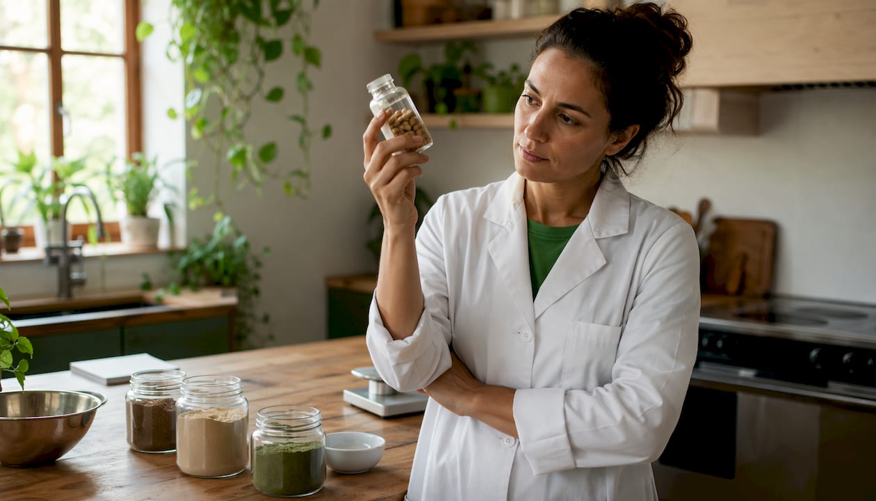 Hands holding herbal supplement vial in lab