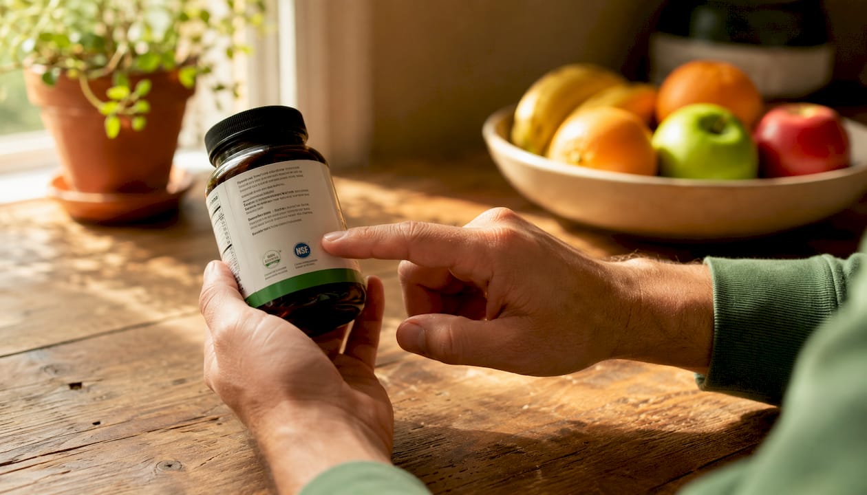 Hands inspecting NSF/ANSI 173 certified supplement label