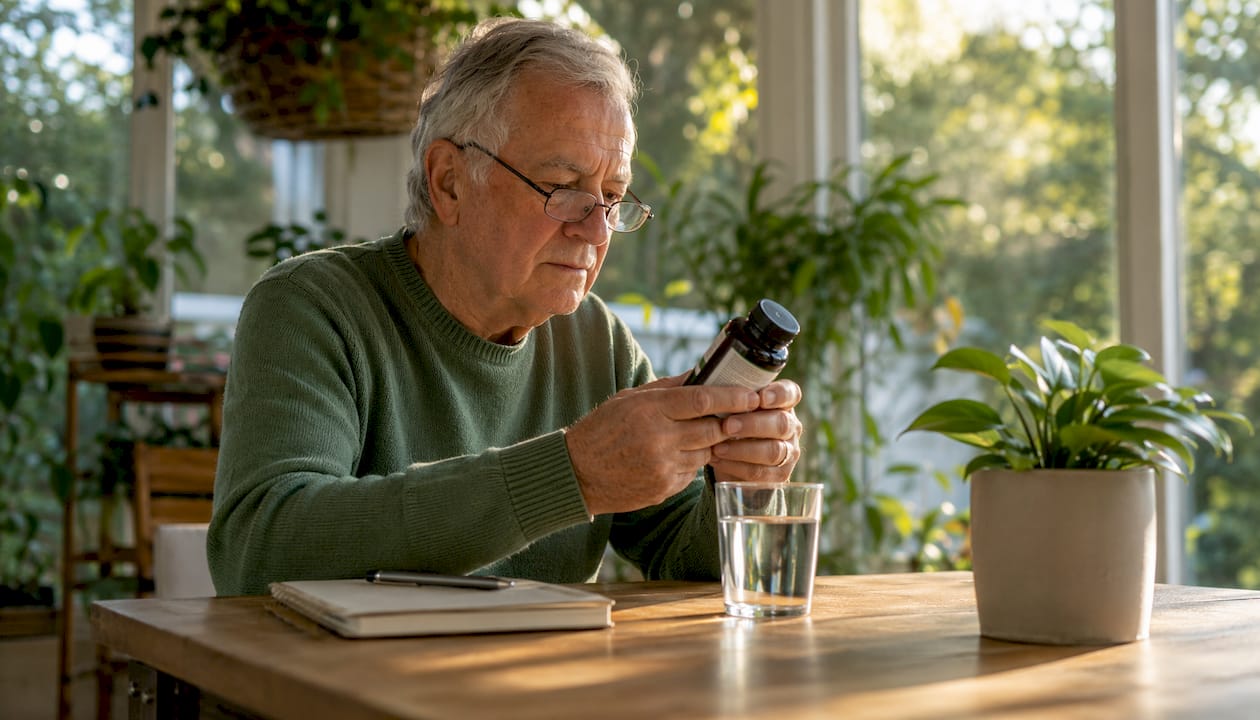Senior man reading supplement ingredient label