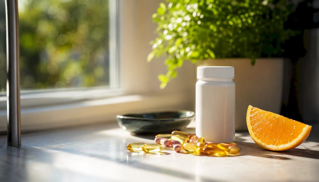Vitamin D supplement bottle with capsules and lemon slice