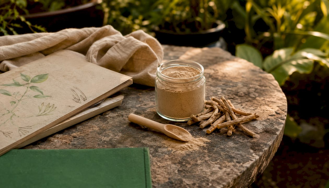 Ashwagandha powder jar with dried roots and scoop on table