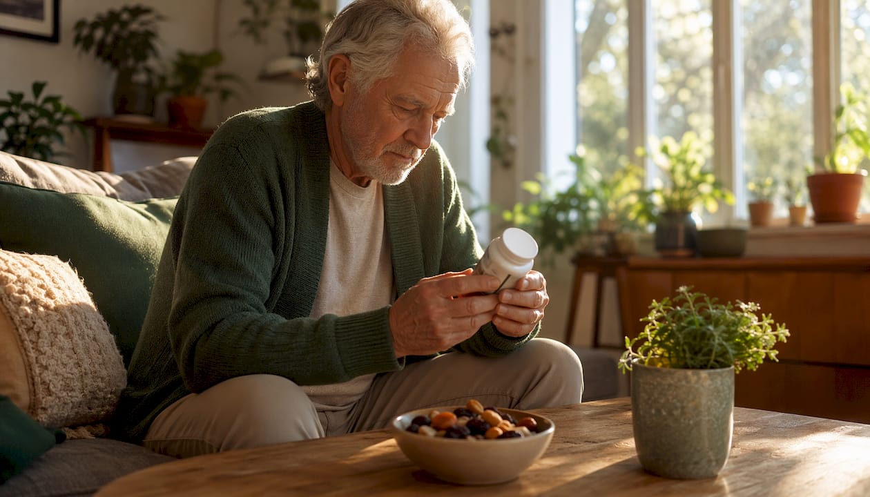 Older man reading supplement label at home