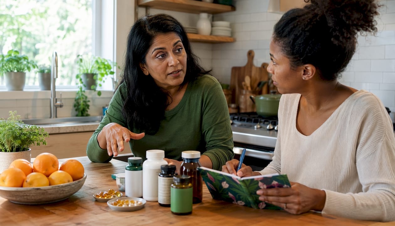 Two women discuss omega-3 supplement dosage