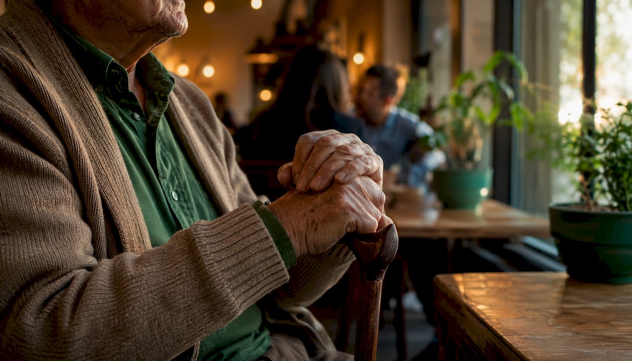 Elderly man’s hands on cane in clinic