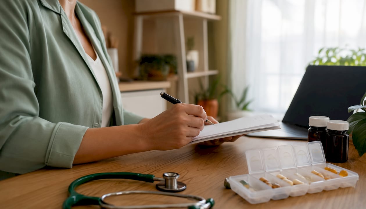 Clinician preparing supplement dosage notes overhead view