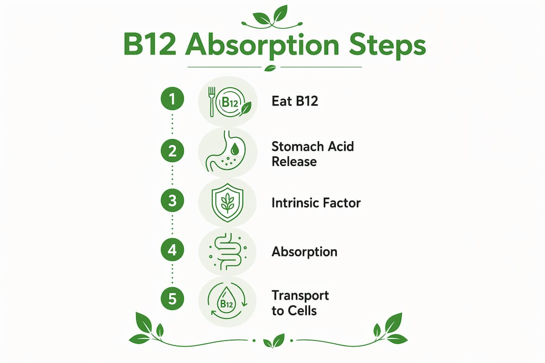 Infographic illustrating stepwise vitamin B12 absorption process