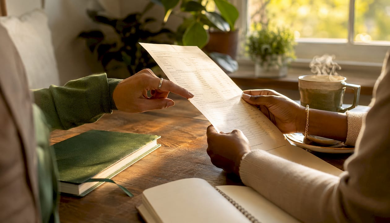 Hands holding supplement lab test document on desk
