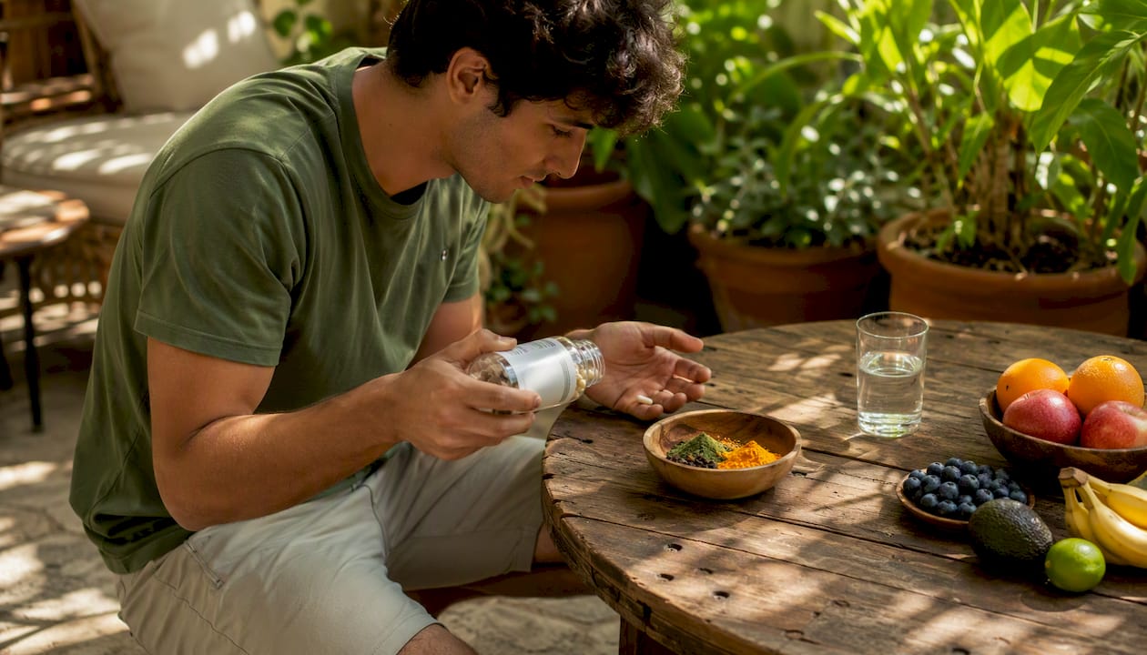 Hands handling nootropic capsules and scale