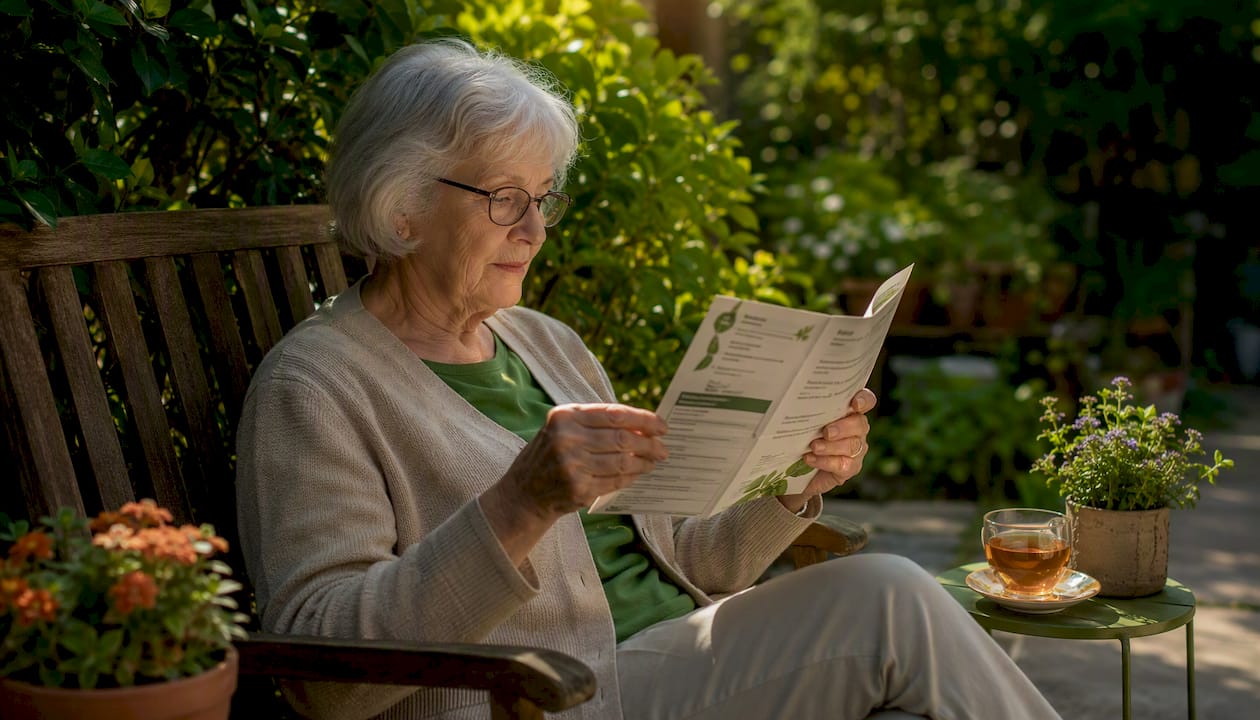 Older woman reading selenium health brochure