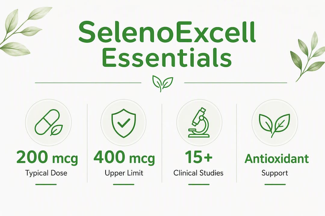 Infographic of SelenoExcell key dosage and benefits