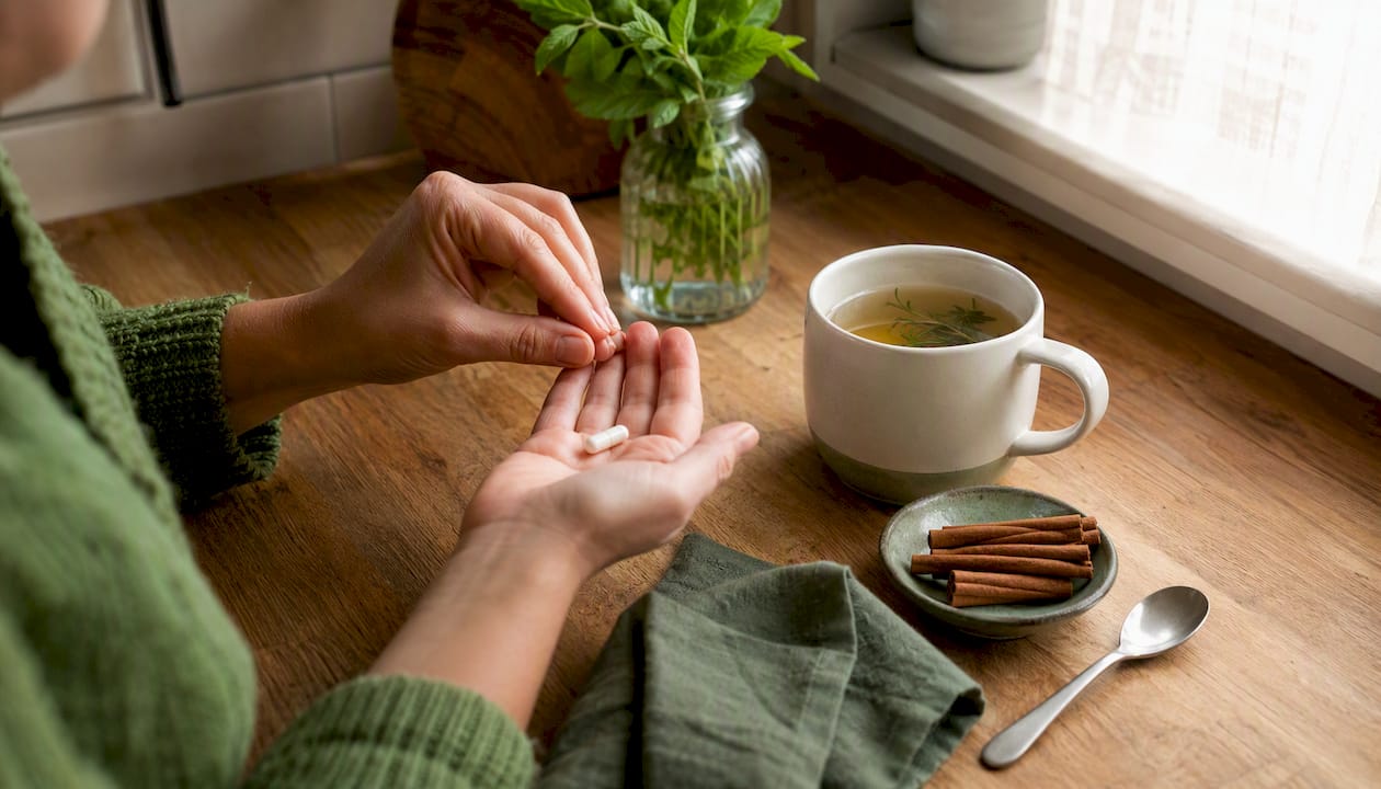 Hands holding cinnamon supplement with water