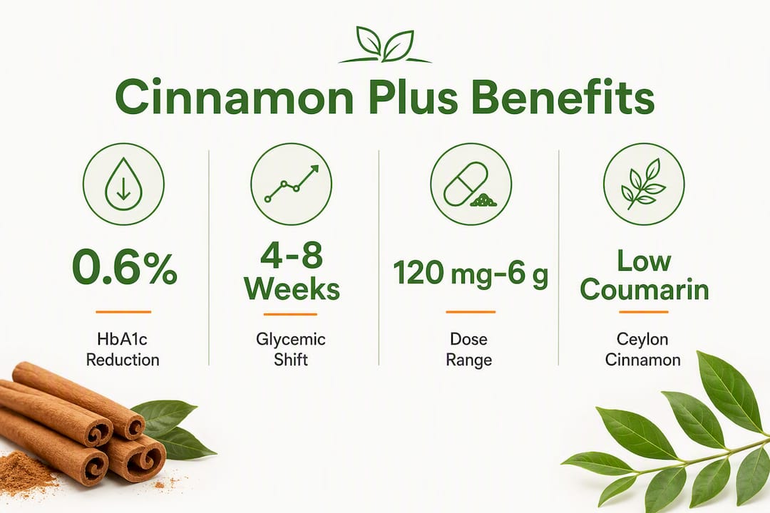 Infographic showing Cinnamon Plus supplement benefits with key stats