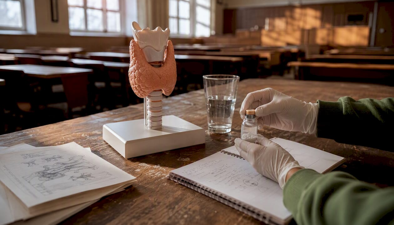 Hands adjusting thyroid gland model in lab