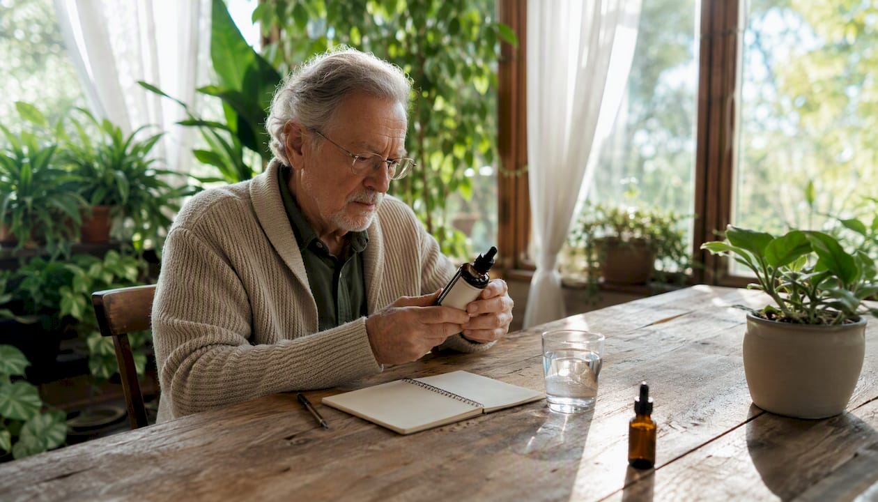 Elderly man reading iodine supplement label