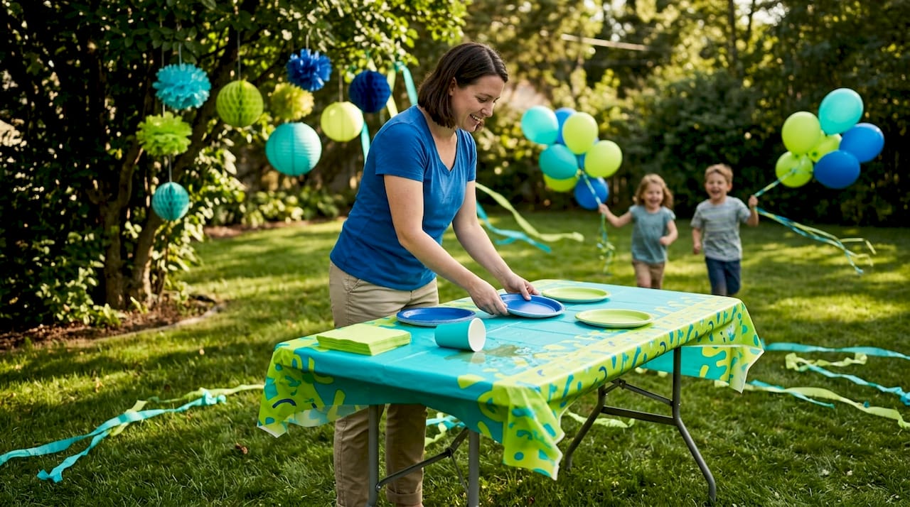 Parent arranging outdoor party with kids playing