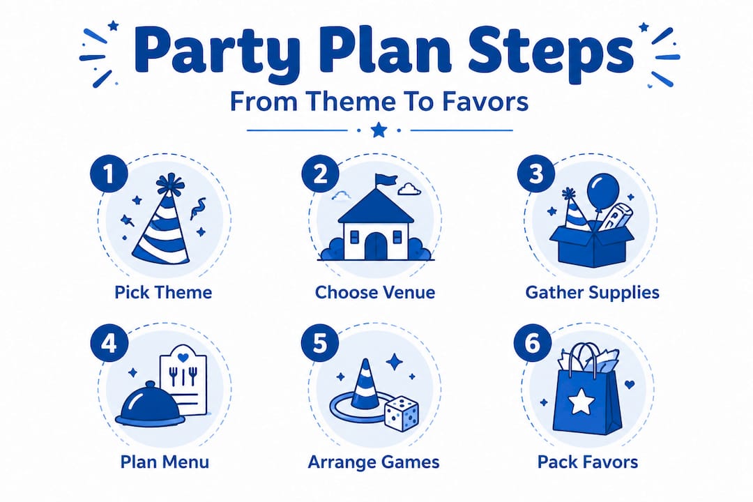 Infographic with numbered party planning steps