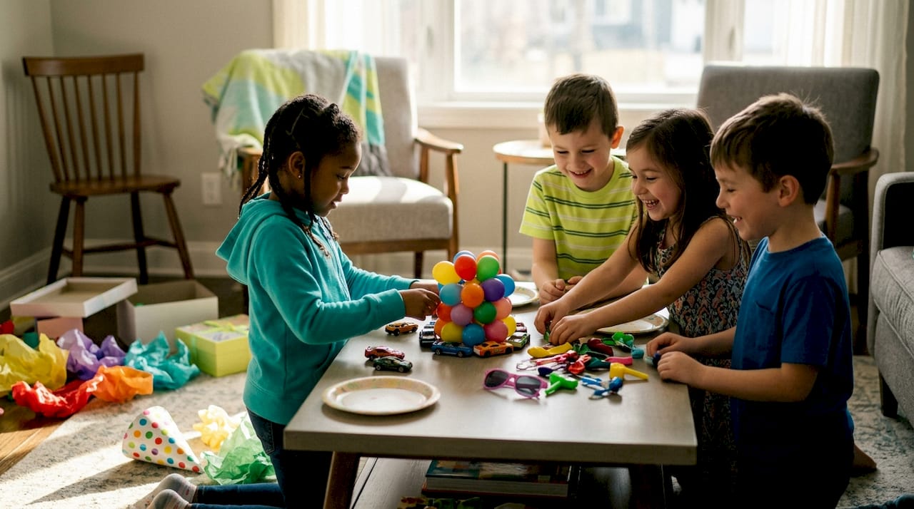 Children enjoying balloon centerpiece at party table