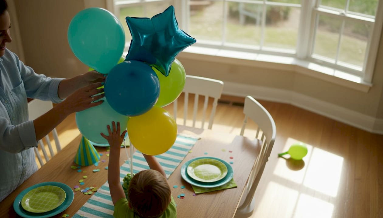 Hands arranging balloon centerpiece on dining table