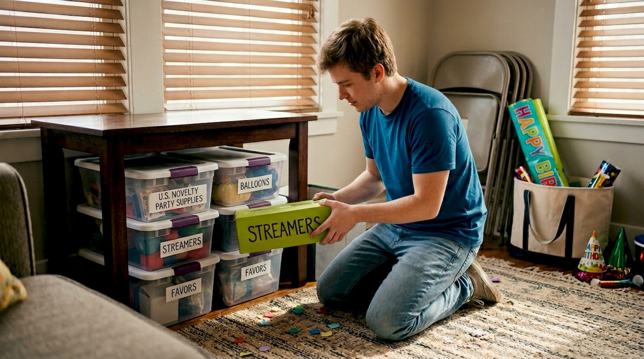 Man retrieving party supplies from labeled bins