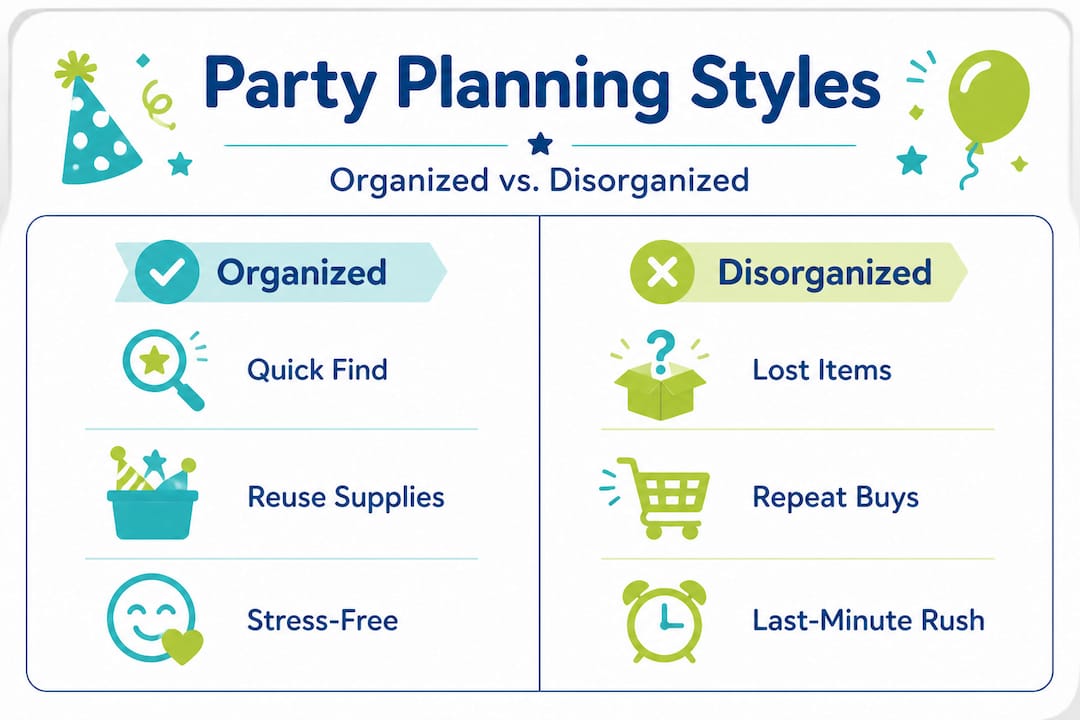 Infographic comparing organized and disorganized party supply styles