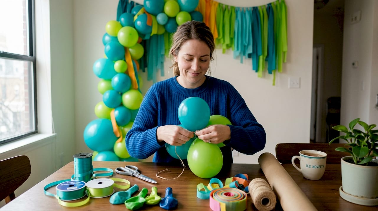 Woman making diy party decorations at table