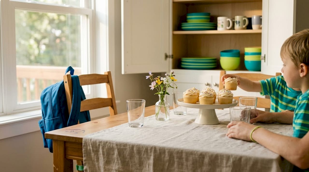 Reusable partyware and neutral decor on kitchen table