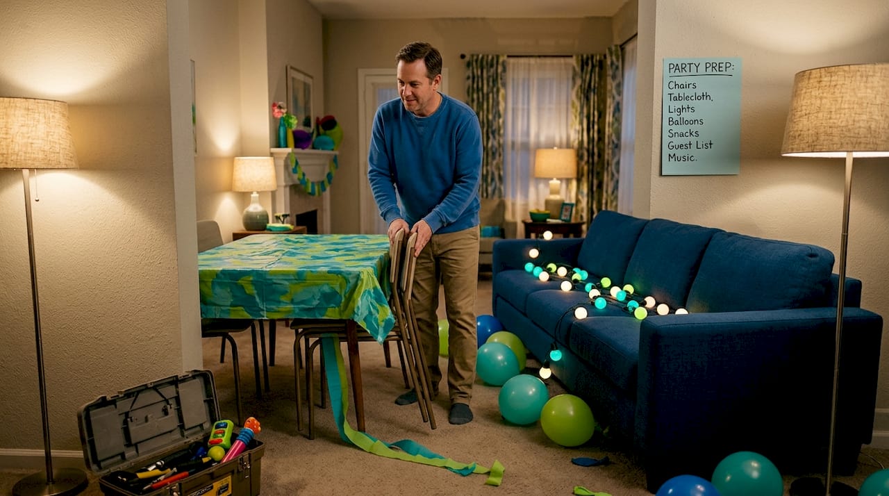 Man arranging living room for celebration