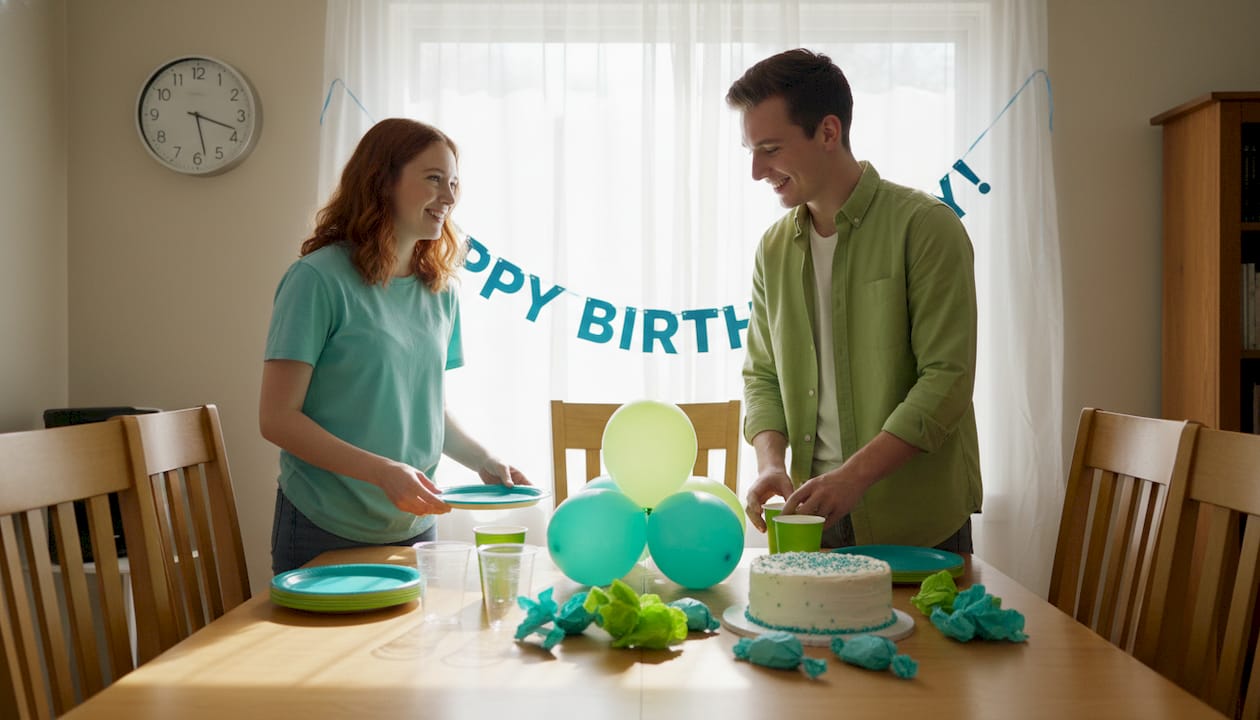 Couple setting up colorful party table