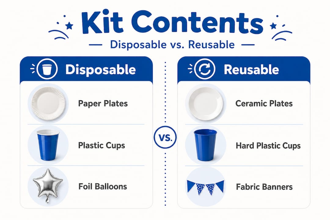 Infographic comparing disposable and reusable party kits