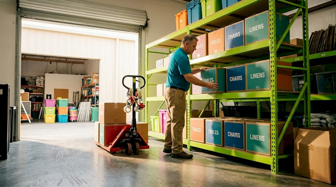 Warehouse worker sorting party rental stock