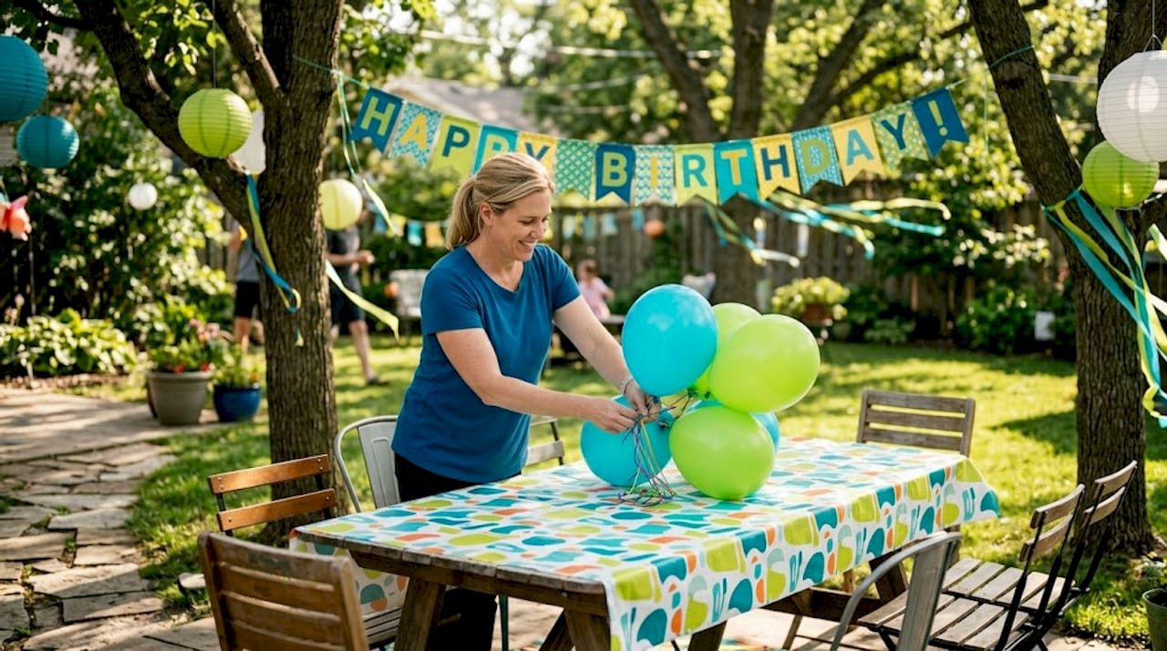 Woman arranging balloons at birthday cake table