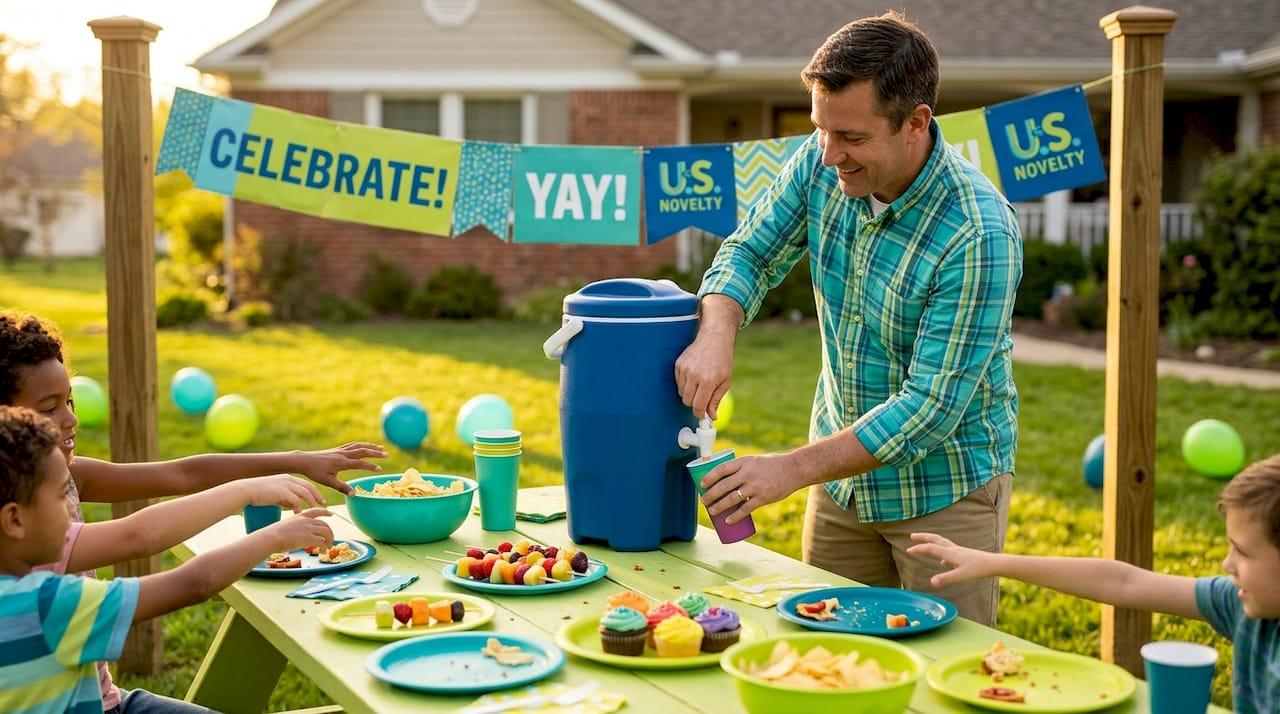 Family using reusable party supplies at backyard picnic
