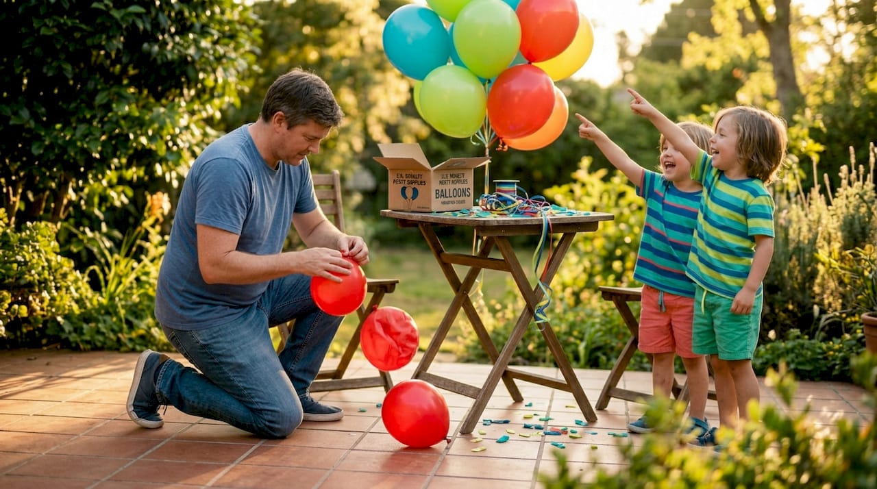 Family preparing and tying latex party balloons