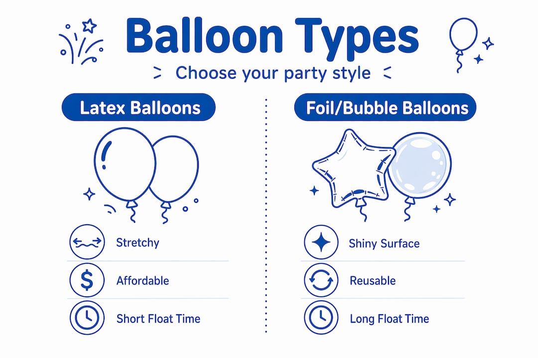 Infographic comparing latex, foil, and bubble balloons