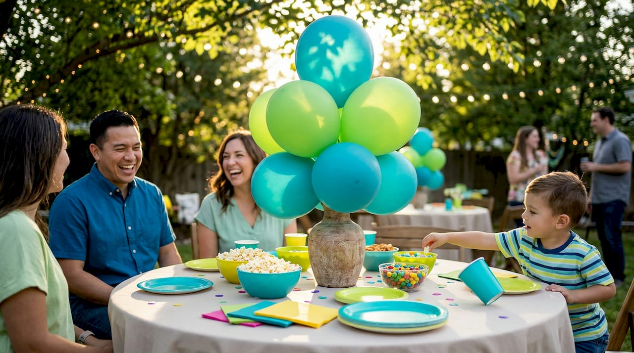 Balloon centerpiece on family dining table during party