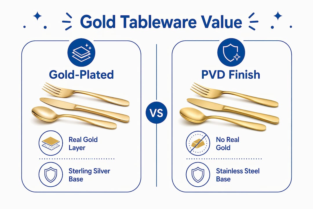 Infographic comparing gold-plated and PVD gold tableware value