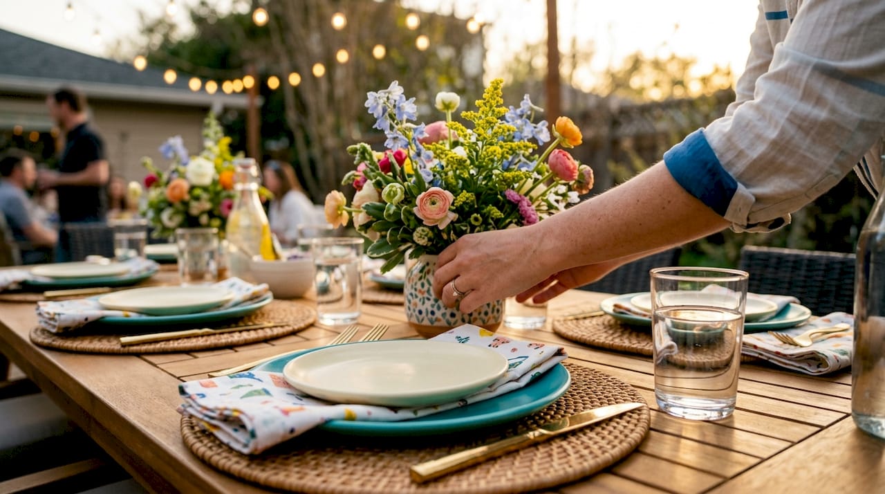 Outdoor party table styled with gold flatware and natural elements