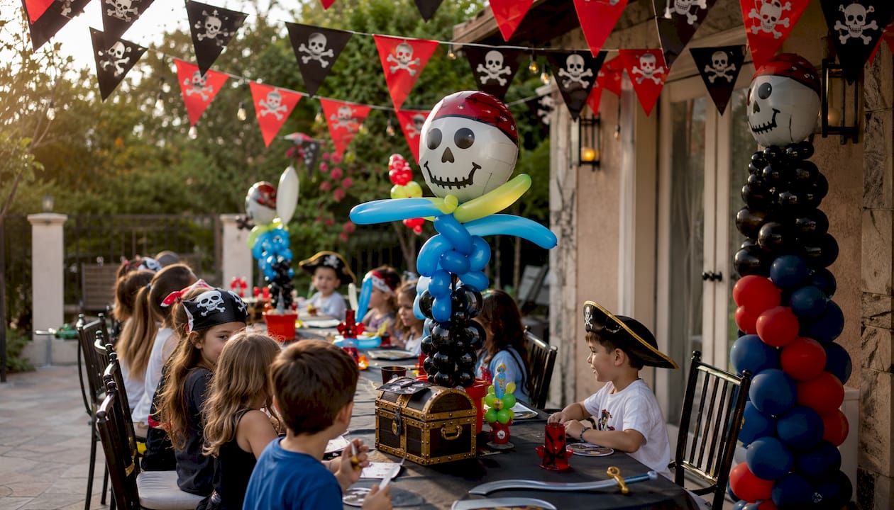 Living room decorated with pirate banners and centerpieces