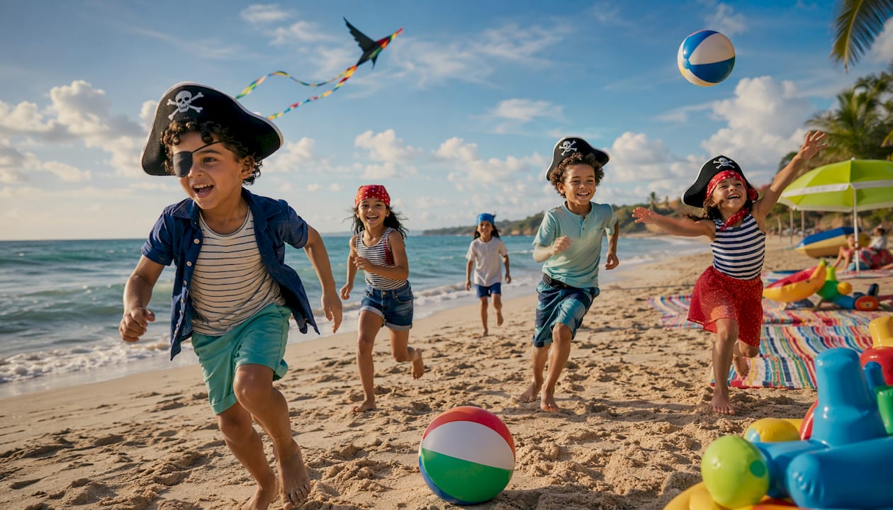 Children playing outdoors in pirate party accessories