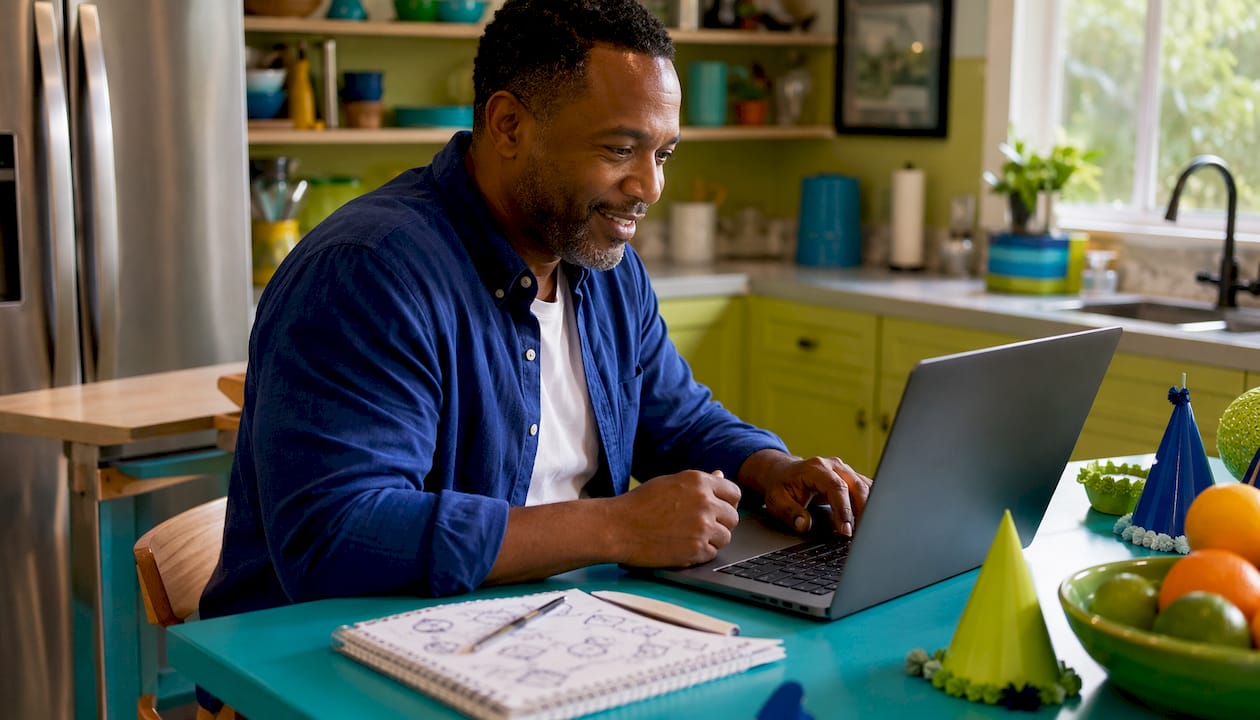 Man reviewing birthday hat sellers online