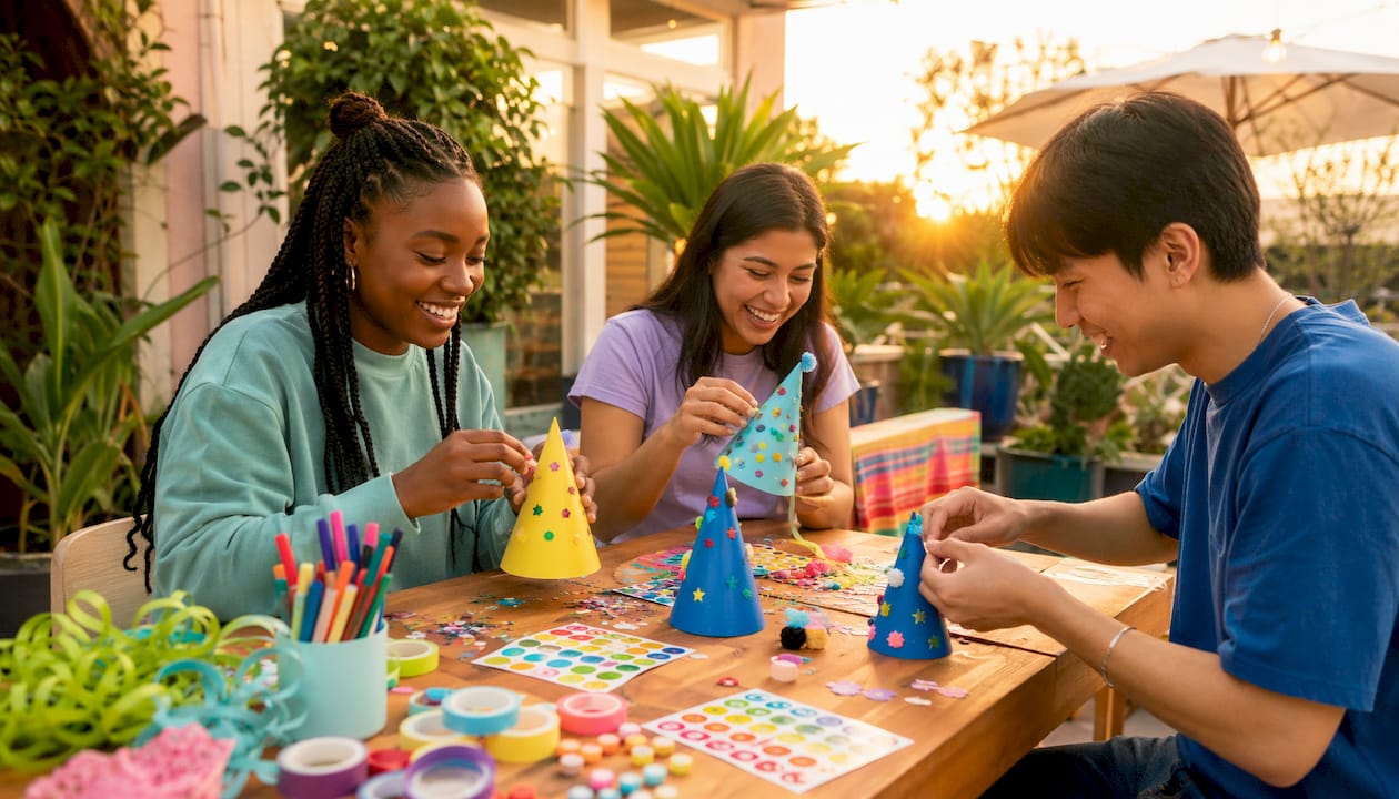 Hands assembling and decorating birthday hats