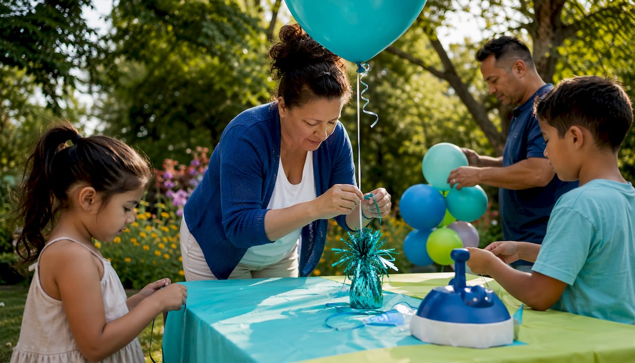 Woman tying helium balloon to weight outdoors