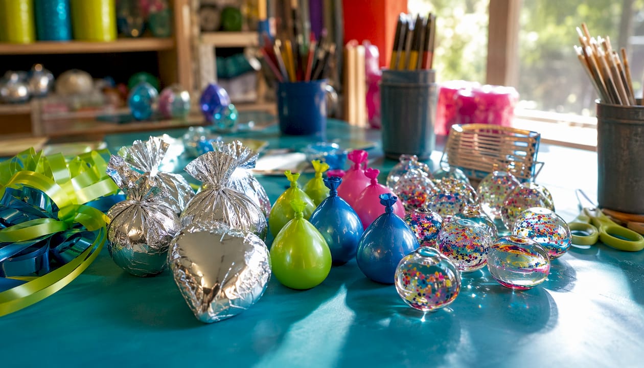 Variety of foil and latex balloon weights on table