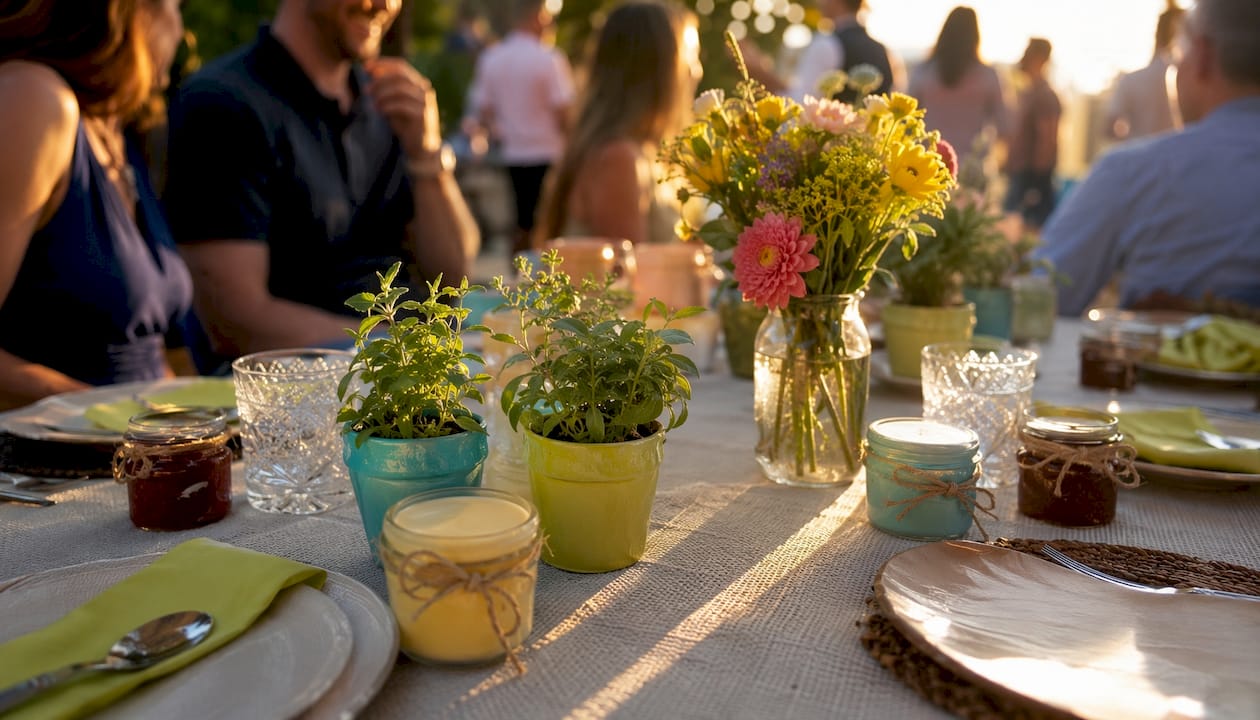 Overhead garden table with custom anniversary favors