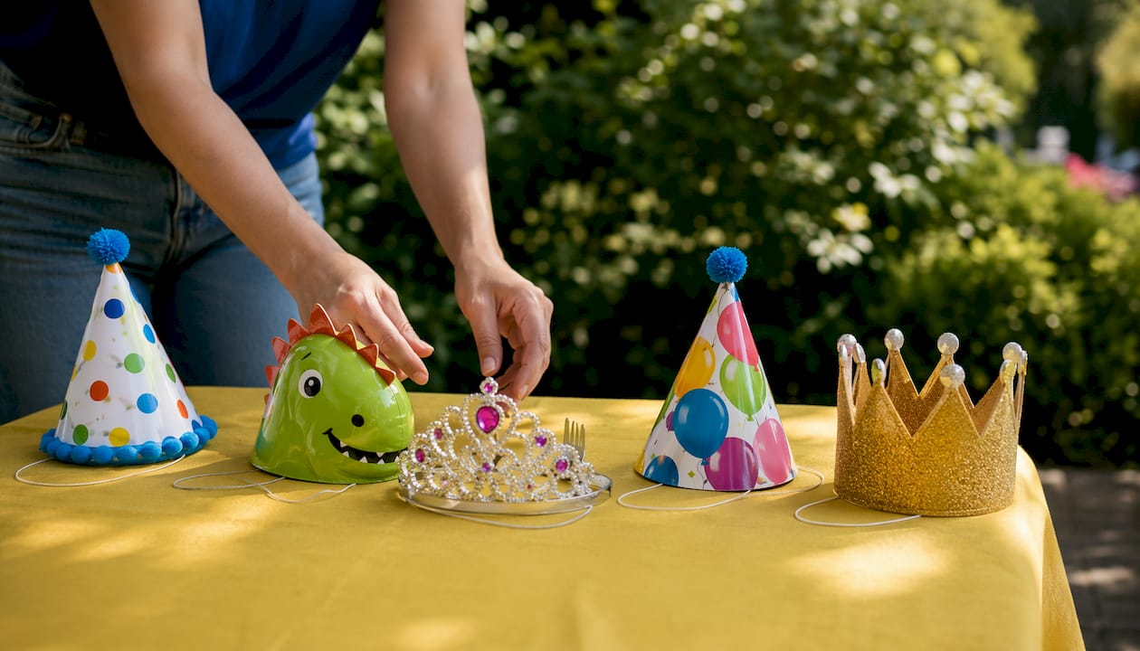 Assorted party hat types arranged on tabletop